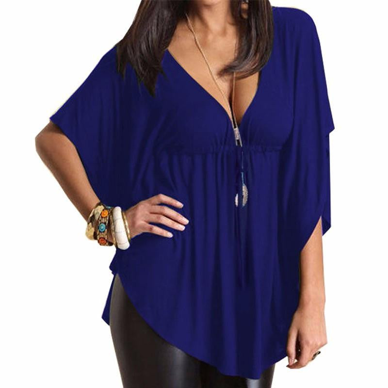 Women Blouses Casual Loose V-Neck Batwing Sleeve Tee Tops Ladies Solid Blouse Shirt Plus Size