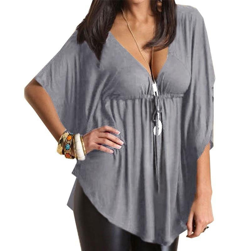 Women Blouses Casual Loose V-Neck Batwing Sleeve Tee Tops Ladies Solid Blouse Shirt Plus Size