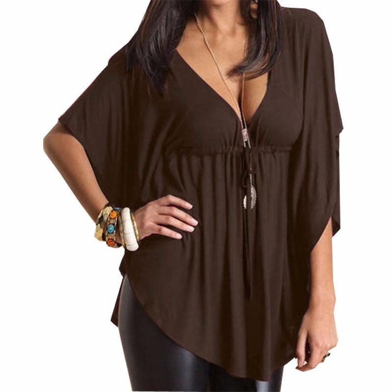 Women Blouses Casual Loose V-Neck Batwing Sleeve Tee Tops Ladies Solid Blouse Shirt Plus Size