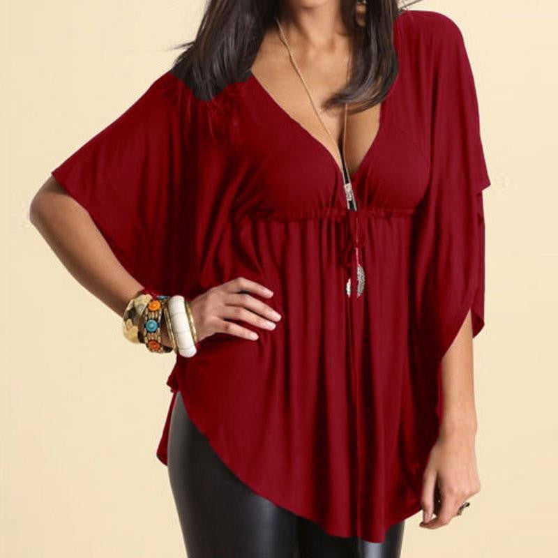 Women Blouses Casual Loose V-Neck Batwing Sleeve Tee Tops Ladies Solid Blouse Shirt Plus Size