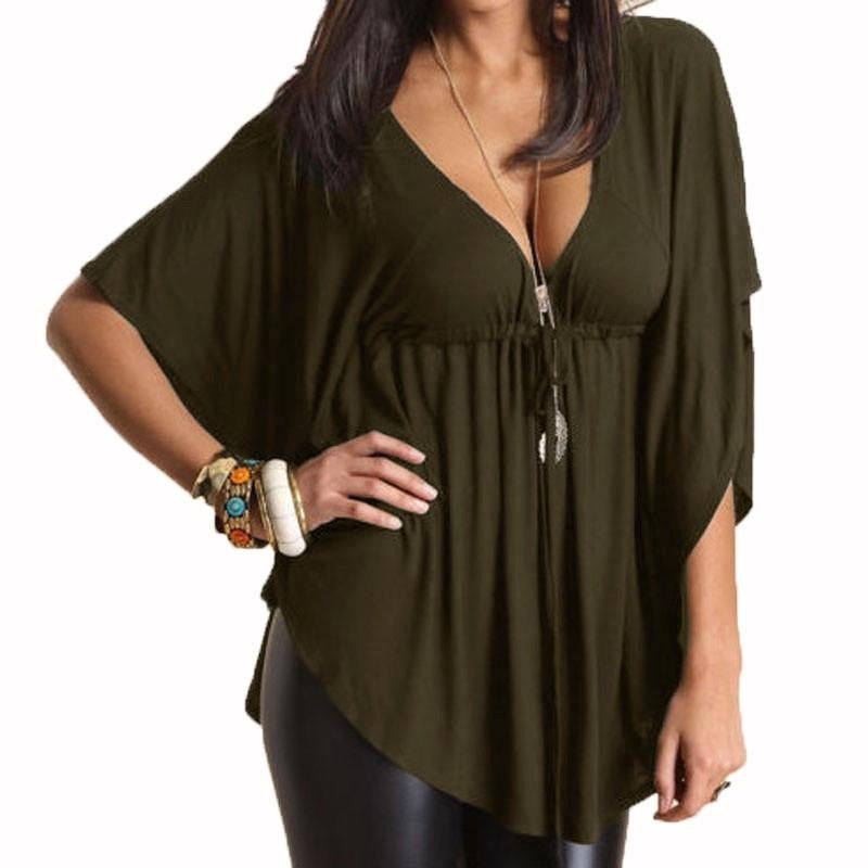 Women Blouses Casual Loose V-Neck Batwing Sleeve Tee Tops Ladies Solid Blouse Shirt Plus Size