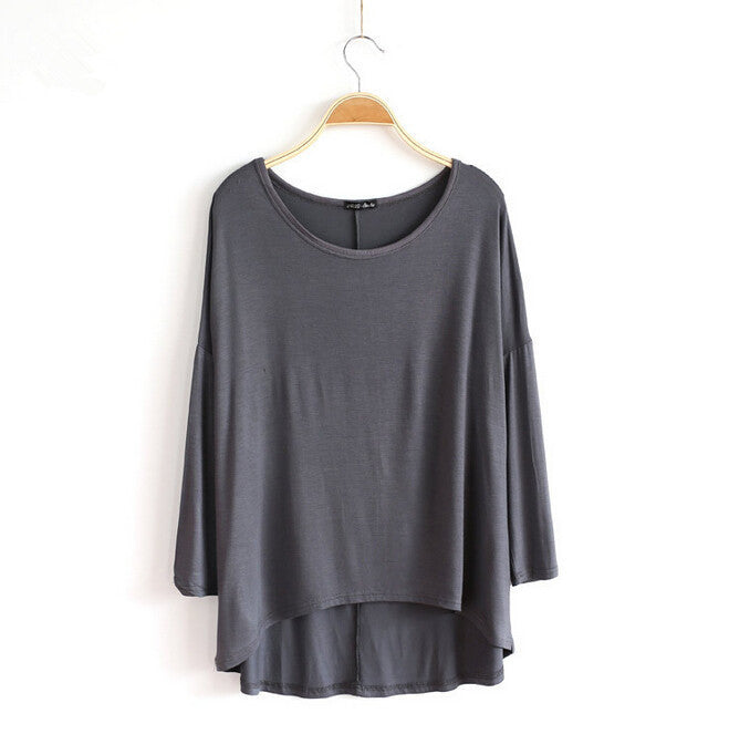 Celebrity Style Slouchy Coloured Full Sleeve Oversized Uneven Hem Long Top T-shirtModal T-Shirts Tees
