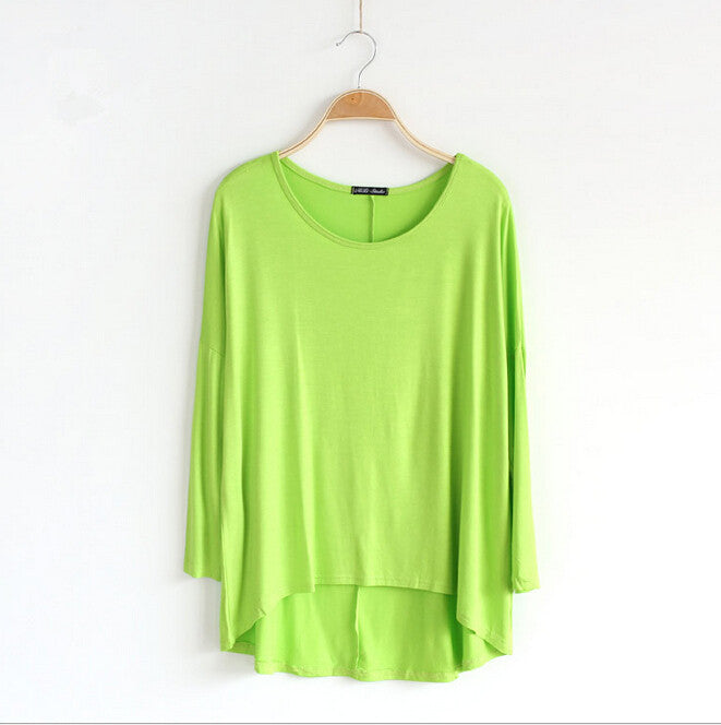 Celebrity Style Slouchy Coloured Full Sleeve Oversized Uneven Hem Long Top T-shirtModal T-Shirts Tees