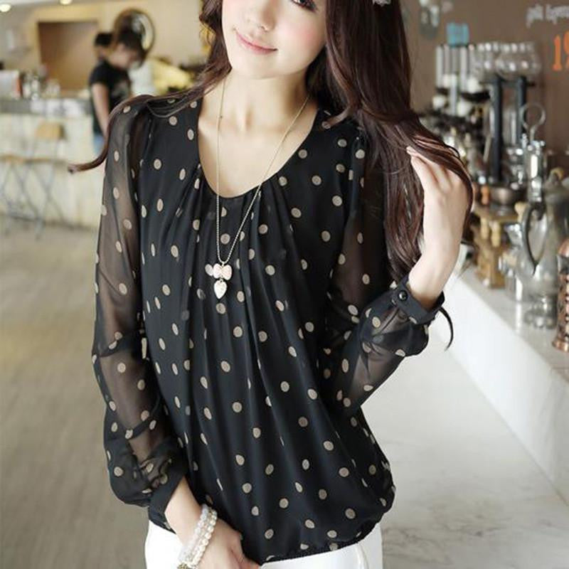 cute Women white Polka Dot Print black Blouses Puff Long Sleeve O-neck Chiffon Shirt Plus Size XXXL CB59