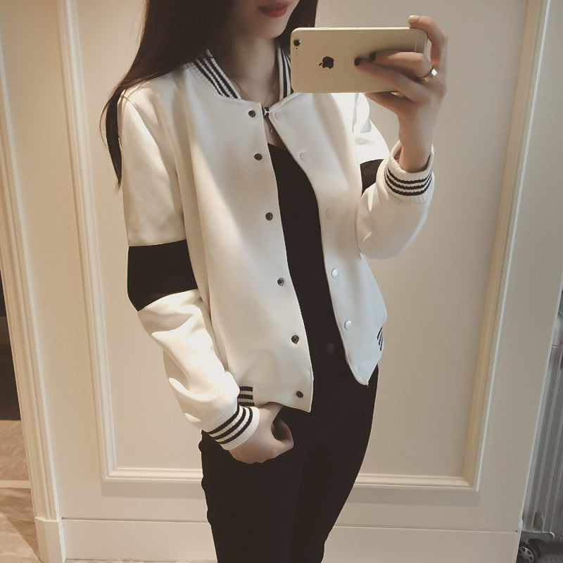 style black and white color block casual baseball shirt short jacket female Covered button women coat cardigan