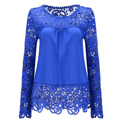 Plus Size 7XL Shirt Chiffon Blouse Hollow Lace Splice Women Tops Long Sleeve Shirt Women Casual Women Tops