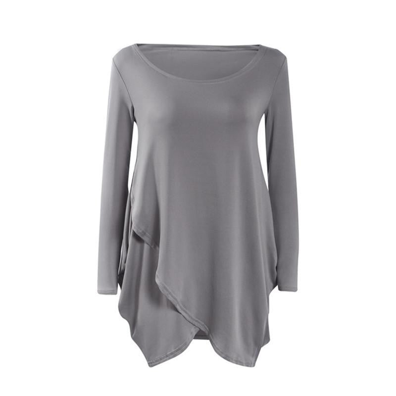 Split Tops Simple Gray Coffee Women Casual T Shirt Fashion Long T-Shirt Woman Clothes Long Sleeve O-neck