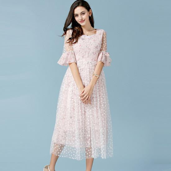 Women Lace Dresses Girls Cute Lolita Pink Floral Prints Chiffon Embroidery Flare Sleeve Long Dresses Plus size