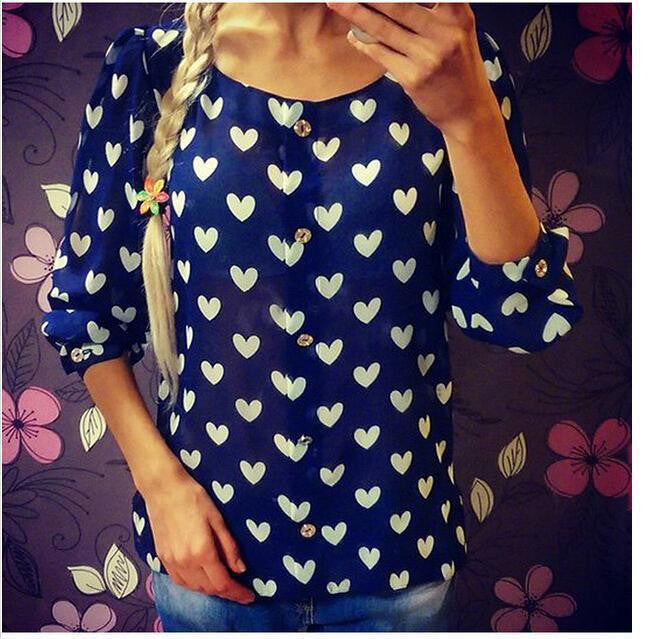 Two Style Women Blouses Chiffon Heart Printed Casual Shirts Three Quarter Lantern Sleeve Chiffon J3137