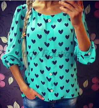 Two Style Women Blouses Chiffon Heart Printed Casual Shirts Three Quarter Lantern Sleeve Chiffon J3137