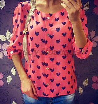 Two Style Women Blouses Chiffon Heart Printed Casual Shirts Three Quarter Lantern Sleeve Chiffon J3137