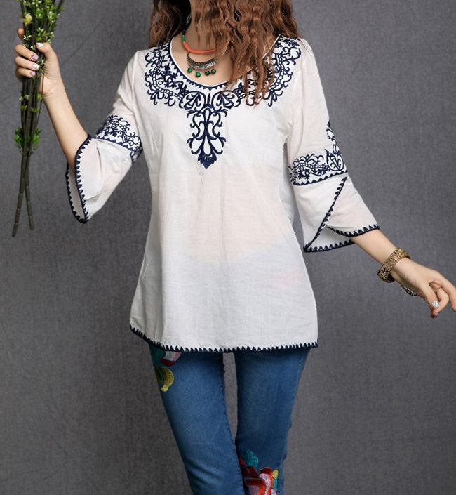 Fashion Women Girls Pattern Totem Vintage Cotto Embroidery Casual Shirts Tops