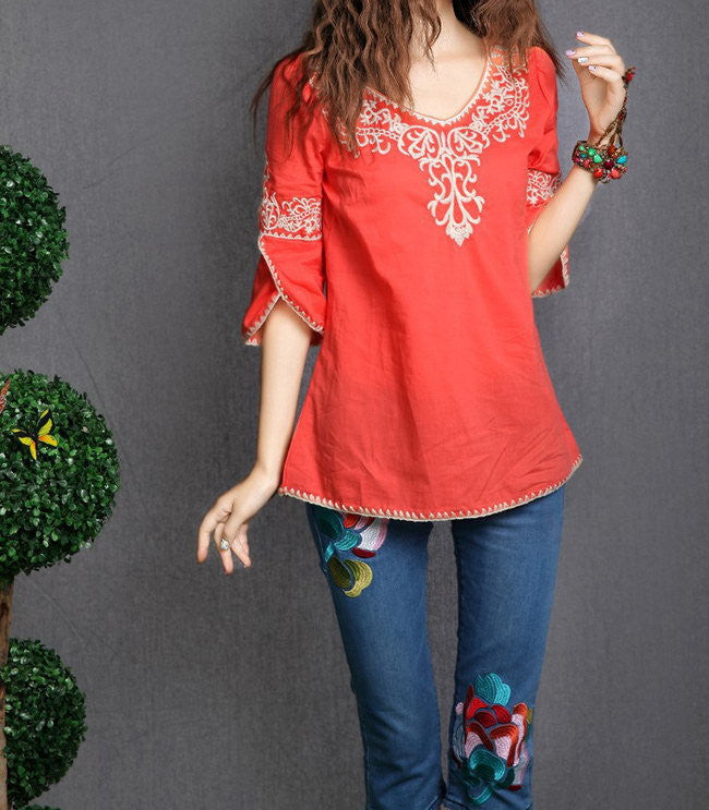 Fashion Women Girls Pattern Totem Vintage Cotto Embroidery Casual Shirts Tops