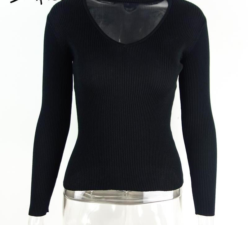 Simplee Elegant halter knitted sweater white short pullover women tops Slim v neck black jumper casual pull