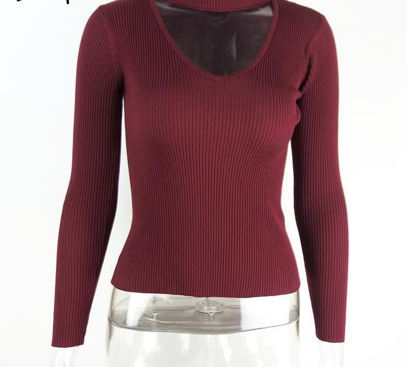 Simplee Elegant halter knitted sweater white short pullover women tops Slim v neck black jumper casual pull
