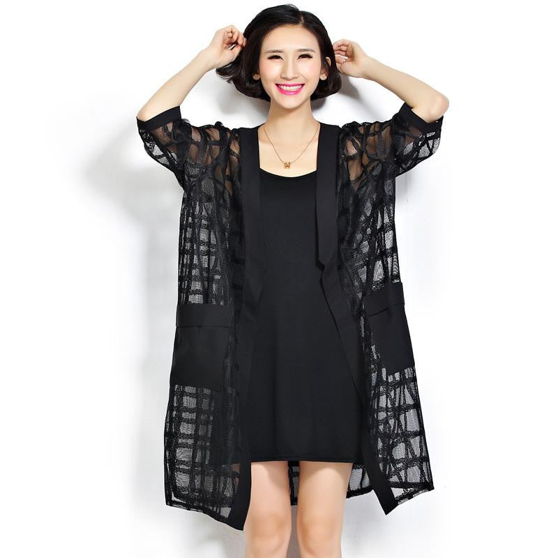 Women Loose Air Conditioner Coats Black Perspective Grids Long Plus Big Size Plaid Cardigan Women's Clothing