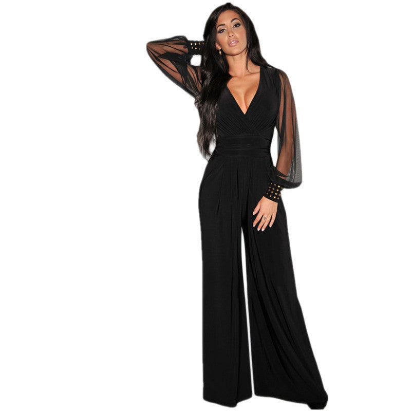 Online discount shop Australia - Dear-Lover Long Black Rompers Womens Jumpsuit  Party V-neck Embellished Cuffs Mesh Sleeves Loose Club Pants LC6650