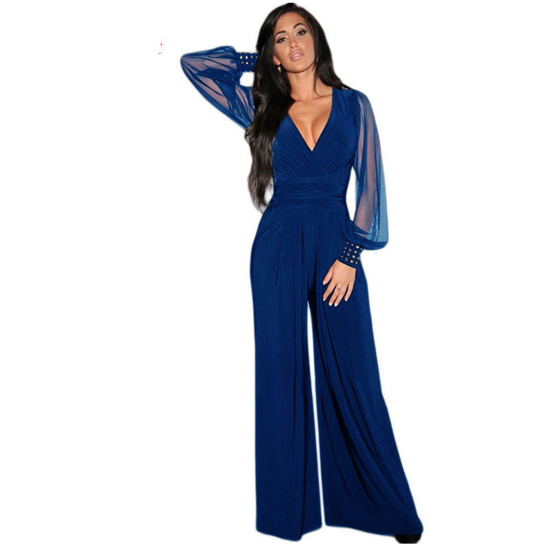 Online discount shop Australia - Dear-Lover Long Black Rompers Womens Jumpsuit  Party V-neck Embellished Cuffs Mesh Sleeves Loose Club Pants LC6650