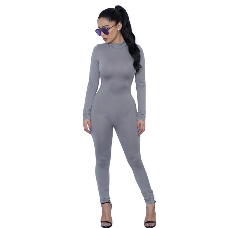 Tight Bodysuit Overalls Night Club Rompers Womens Jumpsuit Playsuit Bodycon Jumpsuit woman long Sleeve gray