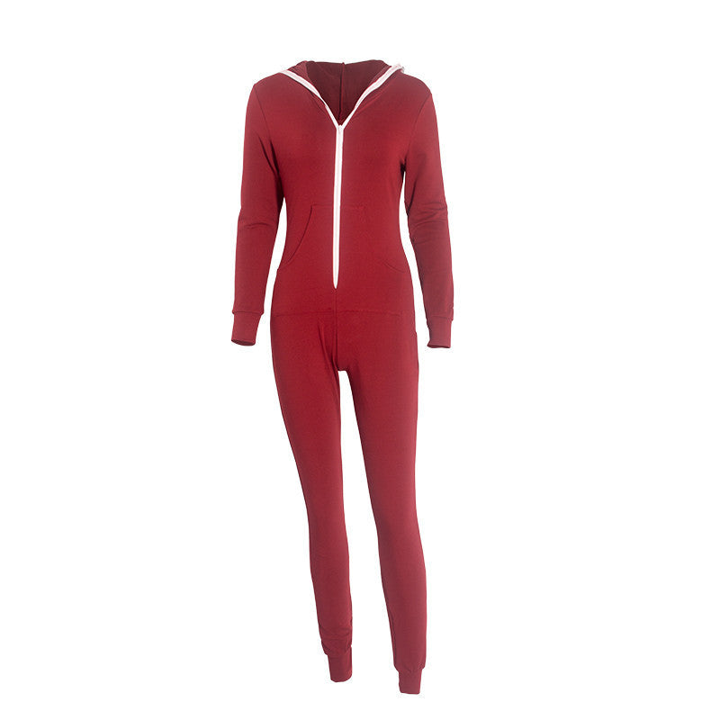 Online discount shop Australia - Casual Women One Piece Outfits Jumpsuits Long Sleeve Bodycon Front Zipper Hooded Long Pants Sexy Black/Red Rompers Playsuit