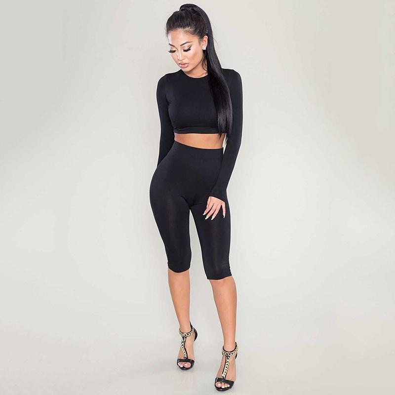 Women Two Piece Bodycon Jumpsuit Knee Length Long Sleeve Black Playsuit Club Elegant Rompers And Jumpsuits