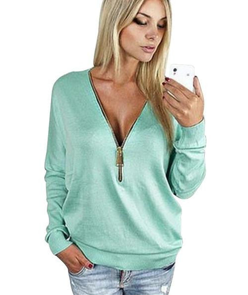 women casual T-shirt long sleeve deep v-neck sexy female tee tops solid color with zippers woman basic shirts