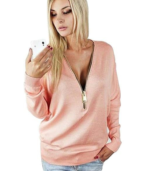 women casual T-shirt long sleeve deep v-neck sexy female tee tops solid color with zippers woman basic shirts