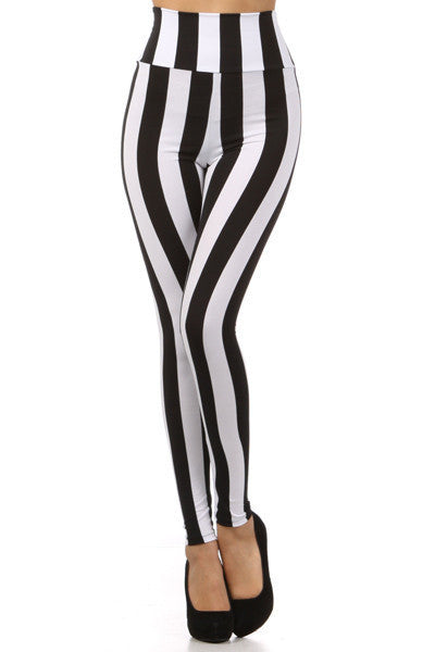 plus size high waist black white striped leggings stretchy leggings S/M/L/XL