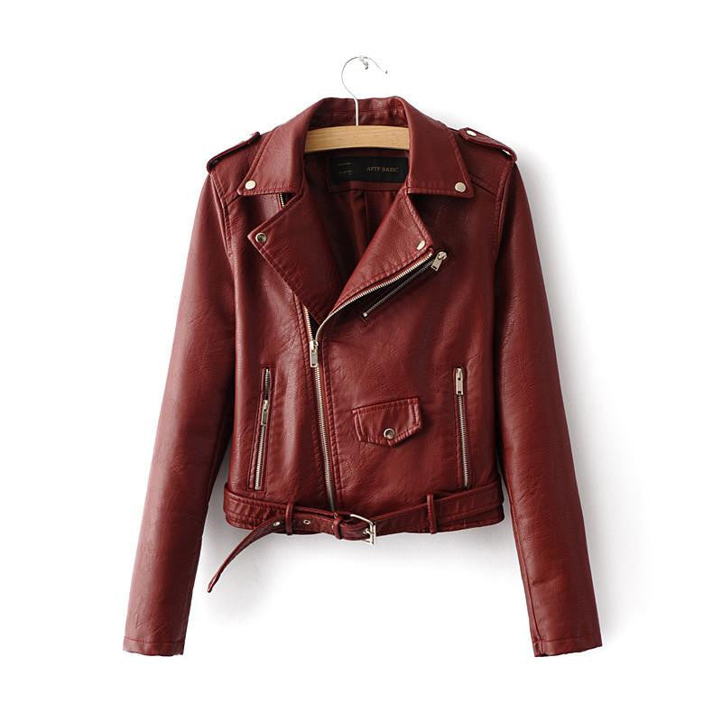 Women PU Leather Jackets Lady Slim Fit Motorcycle Zipper Black Coat Drop