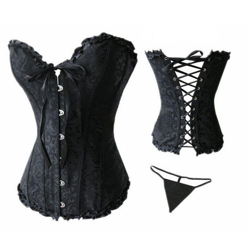 Women Lace up Ribbon Lingerie Bustiers Black Embroidered Satin Overbust Corset + Thong Bustiers Corcelet Plus Size S-6XL