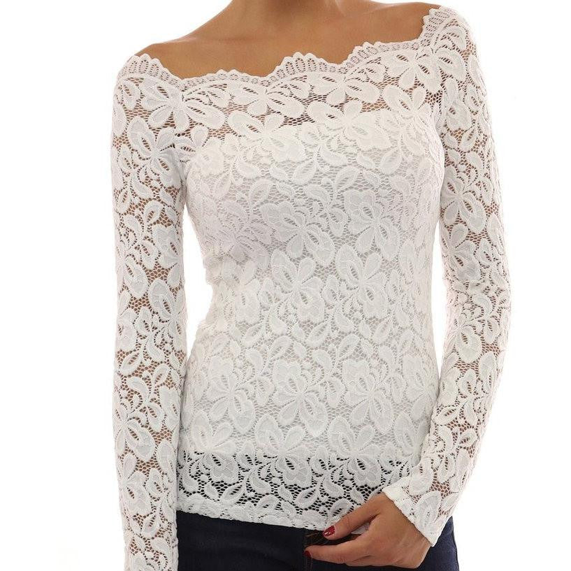 Women Blouses Hollow Out Shoulder Lace Crochet Shirts Long Sleeve Slim Casual Tops Plus Size 4XL TP0006