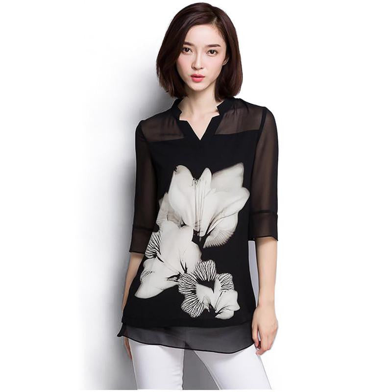 women chiffon Blouse large size Casual black Chiffon Floral Print V Neck long Sleeve Elegant shirts women