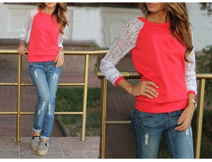 Online discount shop Australia - Lace Blouse Shirt female Long Sleeve Blouse Shirt Blouse Shirt Tops Solid O Neck Casual clothing