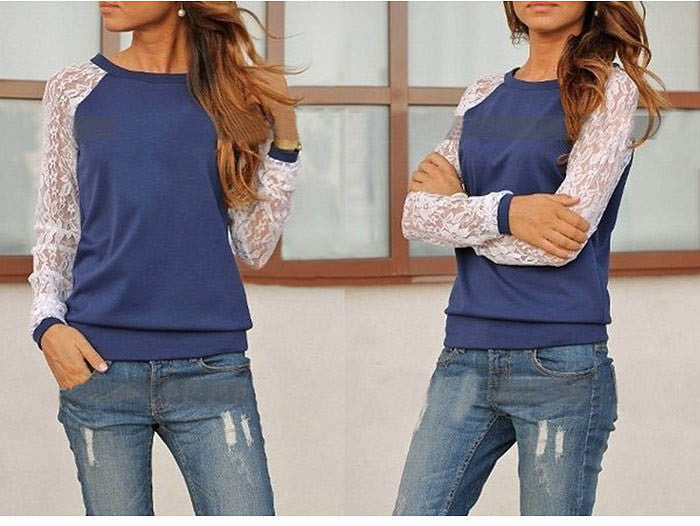 Online discount shop Australia - Lace Blouse Shirt female Long Sleeve Blouse Shirt Blouse Shirt Tops Solid O Neck Casual clothing