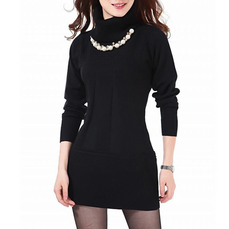 Women Knitted Dress Autumn Winter Turtleneck & O-Neck Above Knee Office Plus Szie Ladies' Dresses Vestidos WZQ039