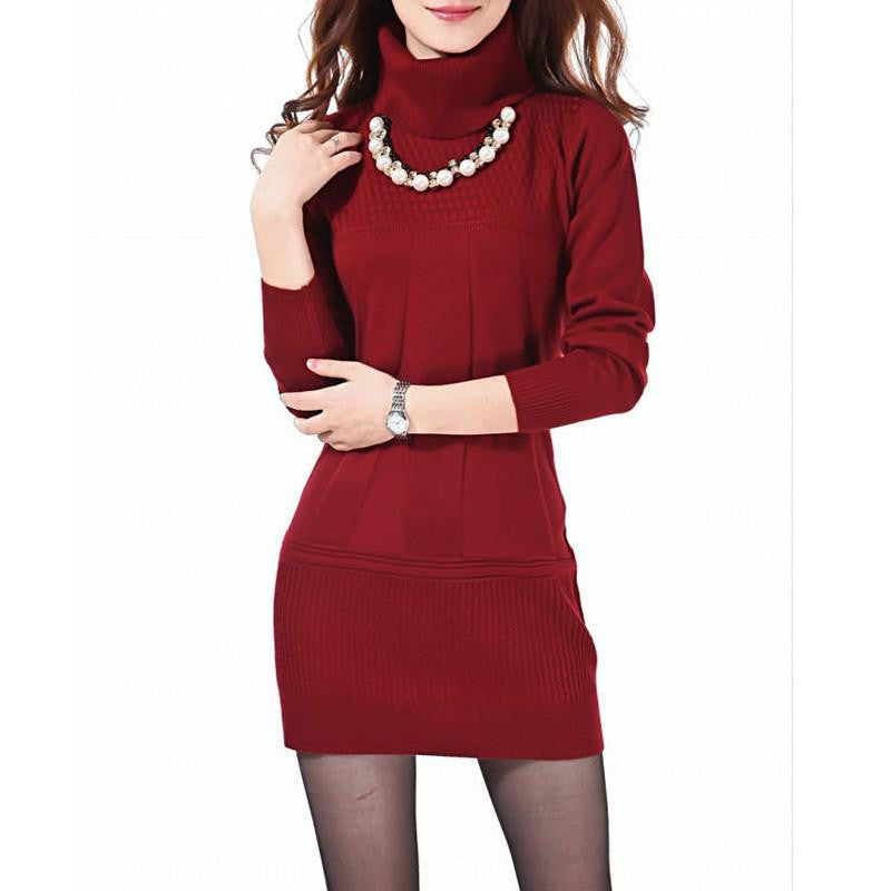 Women Knitted Dress Autumn Winter Turtleneck & O-Neck Above Knee Office Plus Szie Ladies' Dresses Vestidos WZQ039