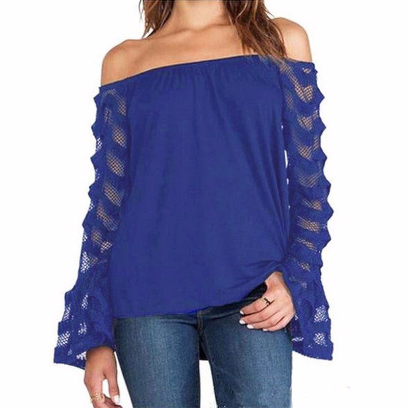 Online discount shop Australia - Fashion Women Blouse Off Shoulder Mesh Long Sleeve Lace Shirt Tops Plus Size S-5XL Sexy