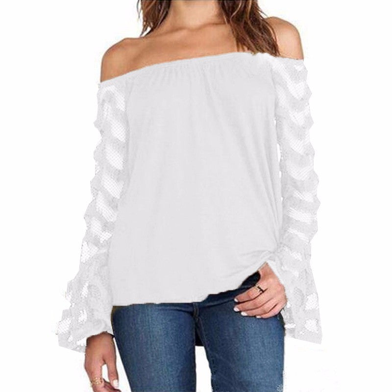 Online discount shop Australia - Fashion Women Blouse Off Shoulder Mesh Long Sleeve Lace Shirt Tops Plus Size S-5XL Sexy