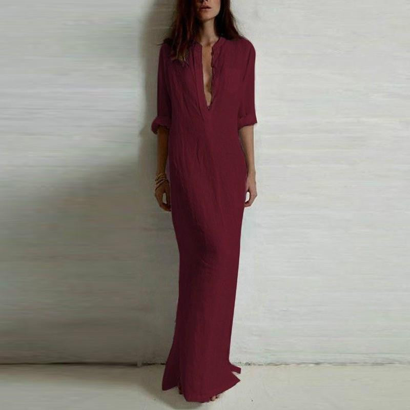 Women Casual Dress Long Sleeve O Neck Linen Split Solid Long Maxi Dress Plus Size