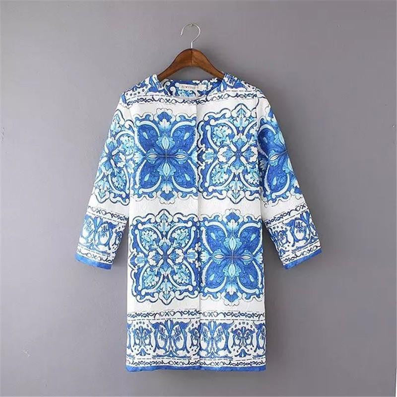 Women Blue White Trench Coat Casual Flower Print Outwear Coat Vintage Print Long Loose Cotton Cardigan
