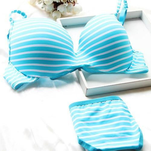 Women Girl Striped Push Up Underwear 2 pcs Set Underwire Bra lingerie 32-36B