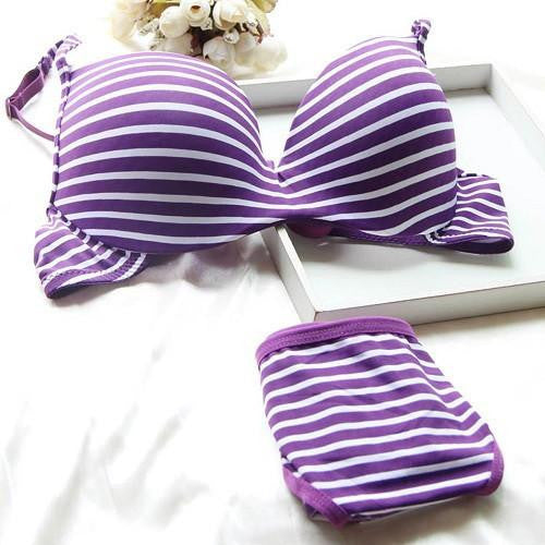 Women Girl Striped Push Up Underwear 2 pcs Set Underwire Bra lingerie 32-36B
