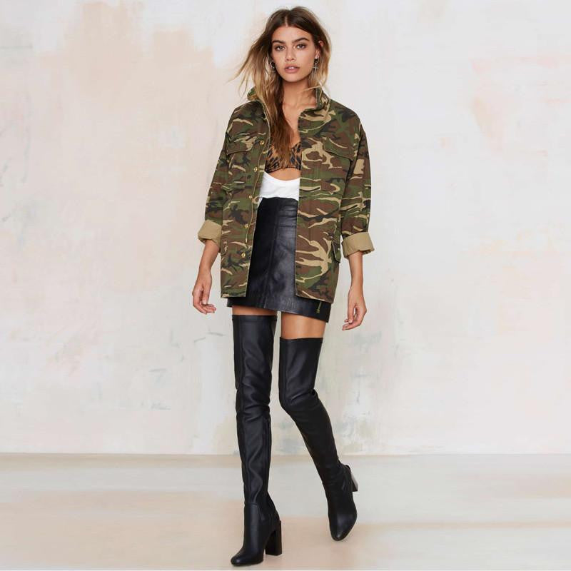 Women Loose Camouflage Coat Stand Collar Pocket Long Sleeve Zipper Outwear Jacket