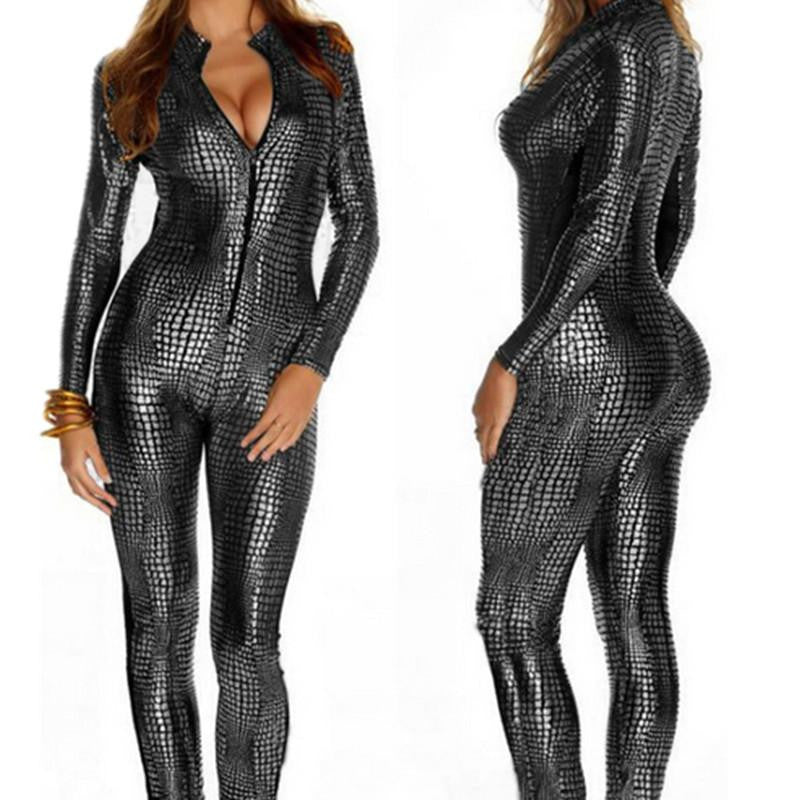 Faux Leather Snake Skin Jumpsuit Front Zip Long Sleeve 3 Color Bodysuit Spandex Catsuit Women M7241