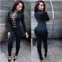 Womens jumpsuits sexy bodycon fitness romper bodysuits deep v neck stretch long pants long sleeve black red