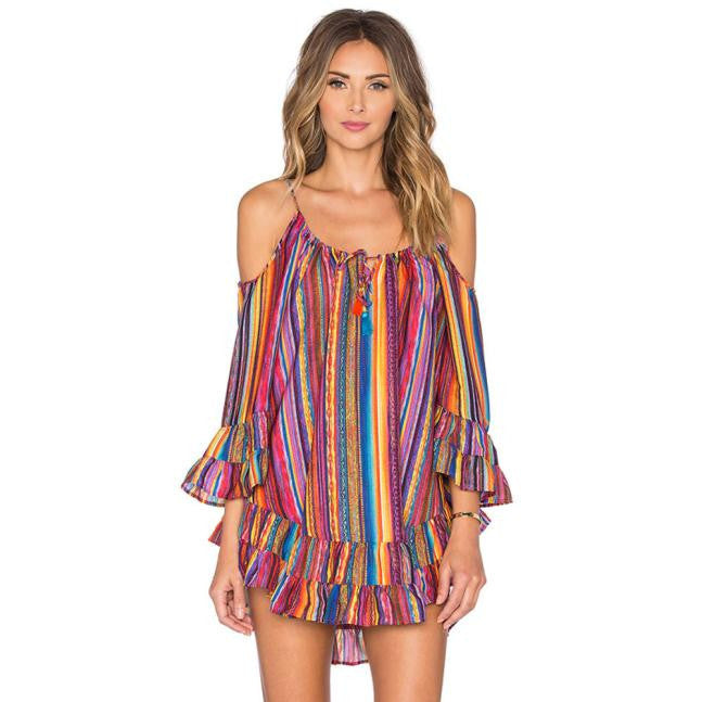 Online discount shop Australia - Brand new Women's Summer Rainbow Print Fringed Beach Dress Loose Chiffon Off Shoulder Mini Dress Gift 1pcs
