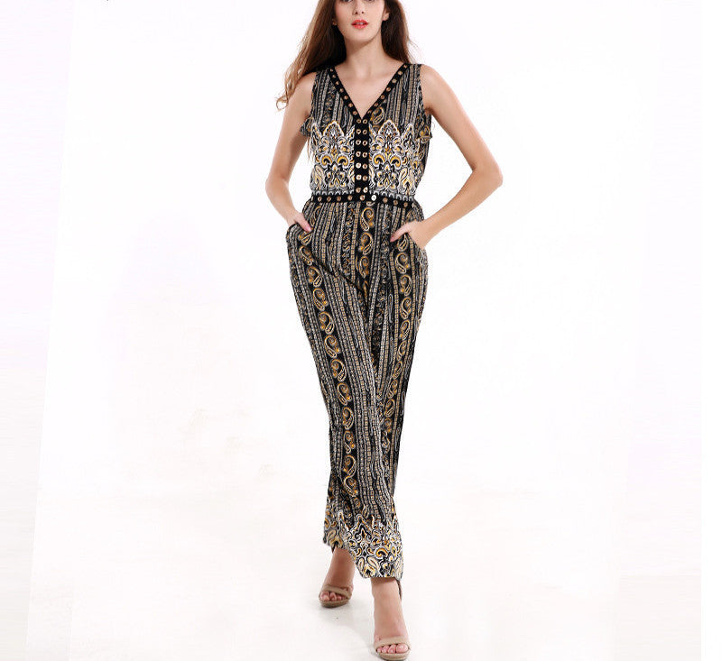 Jumpsuit Classic Print Backless Rompers Womens Jumpsuit Elegant Vintage One Piece Romper Women Clothes