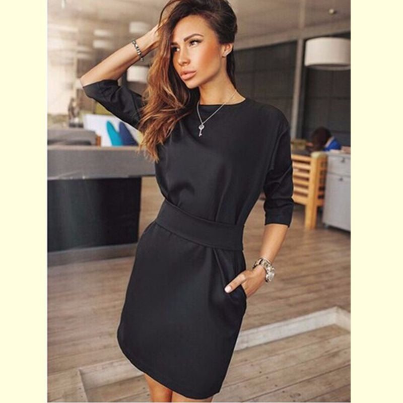 Online discount shop Australia - New Autumn Summer Fashion Women black Dress Haif Sleeve O-Neck ukraine Sashes Office bodycon Elegant dress