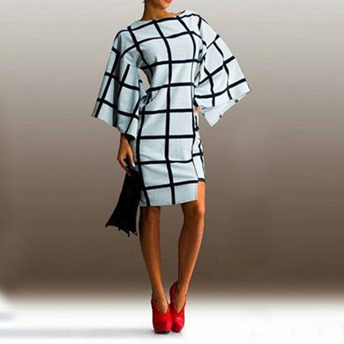 Online discount shop Australia - New Arrival Fashion Flare Sleeve Plaid Print Loose Dress Sexy Women Elegant O Neck Knee Length Autumn Vestidos Dresses