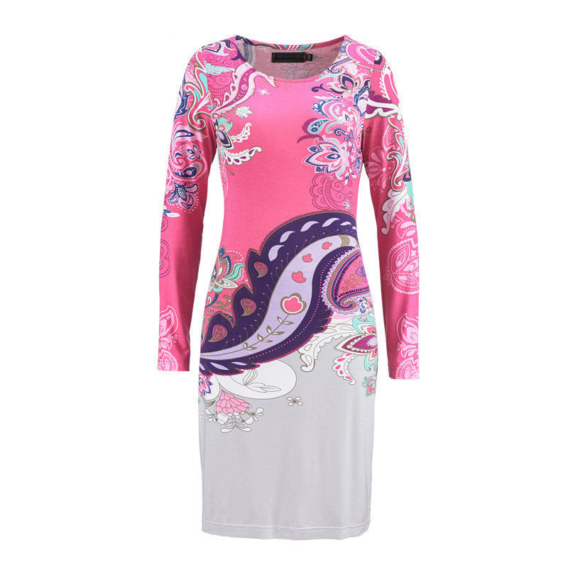 Online discount shop Australia - Fashion Women Flower Natural Simple Printing Cloth O-Neck Mid-Calf Chiffon Dress 1181